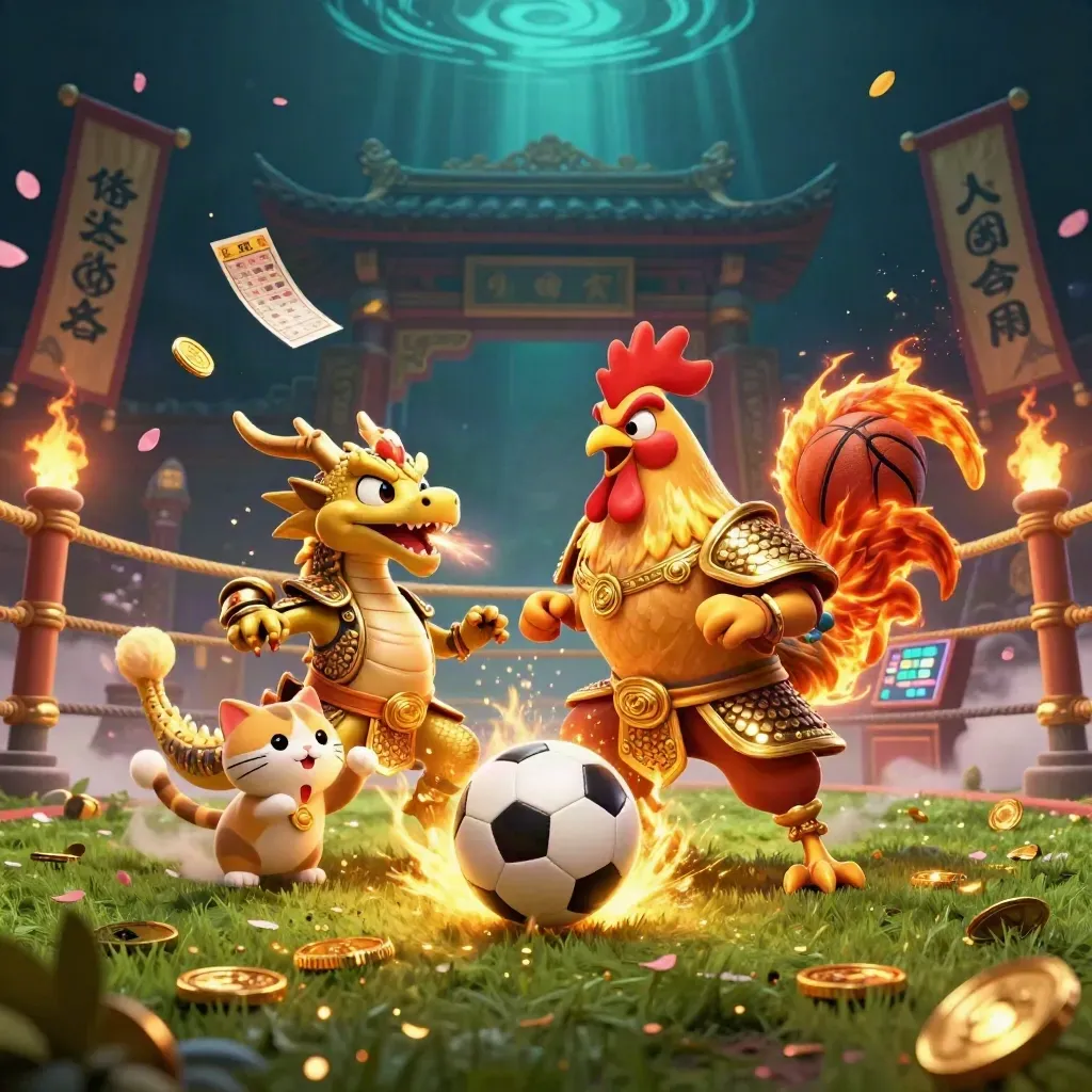 Rooster warrior, dragon hatchling, and fortune cat by flying soccer ball and basketball in casino glow.