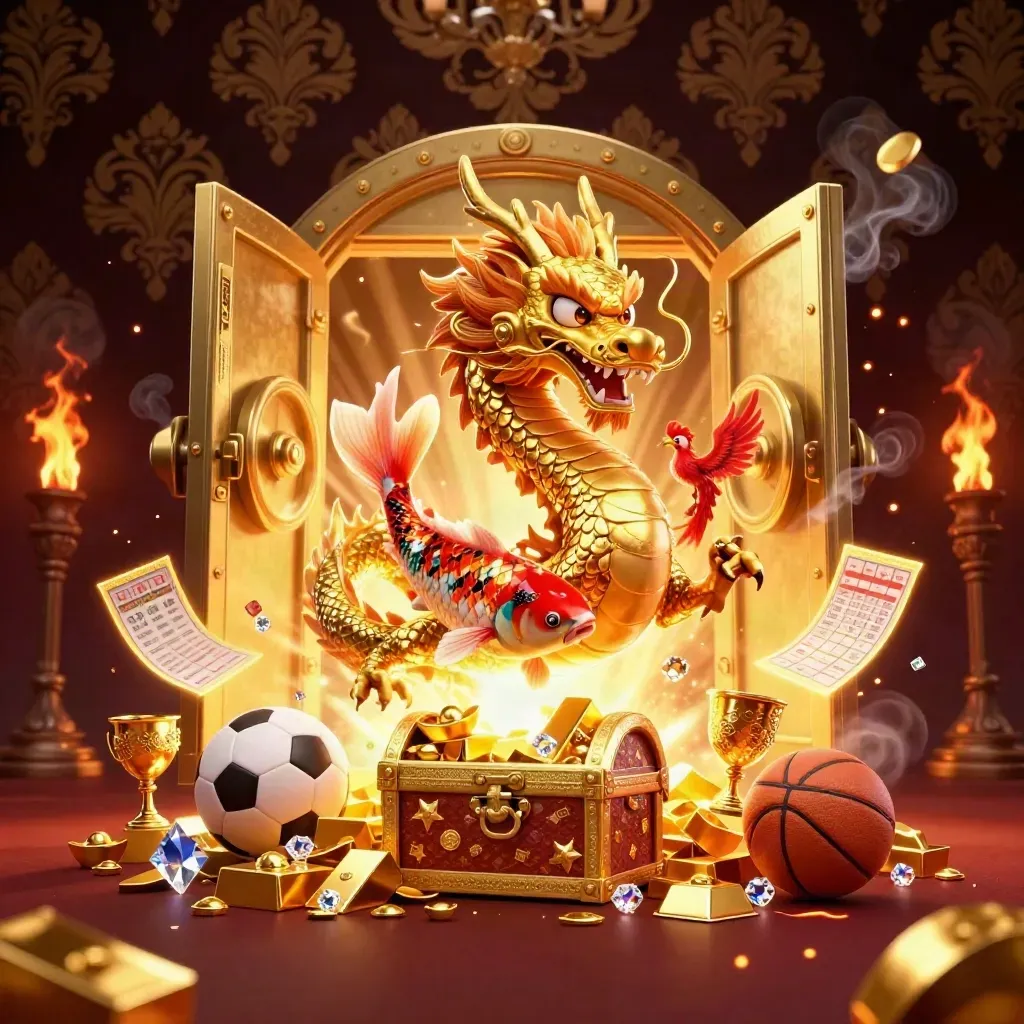 Golden dragon with phoenix, koi, vault treasures, and sports balls in a casino-lit burst.