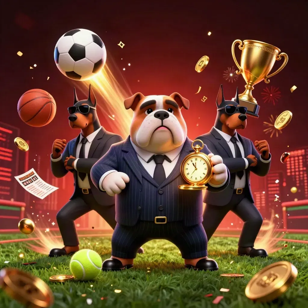 Bulldog boss and Doberman guards amid flying balls, coins, trophy and casino glow.