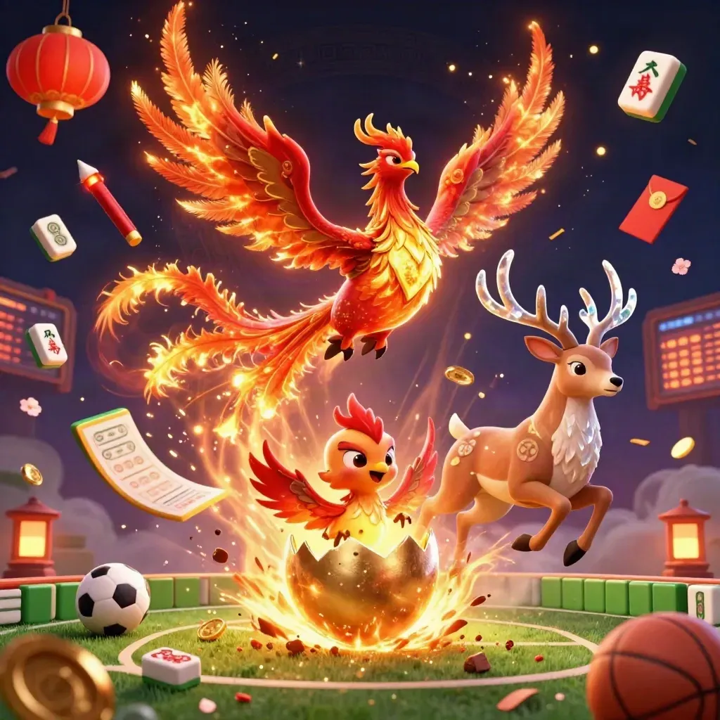 Phoenix, baby phoenix, and crystal-antler stag amid casino sports props and glowing magic.