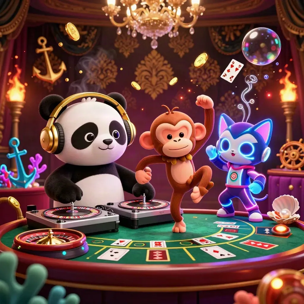 DJ panda, breakdancing monkey, and glow-stick kitten in a luxe casino-treasure cove