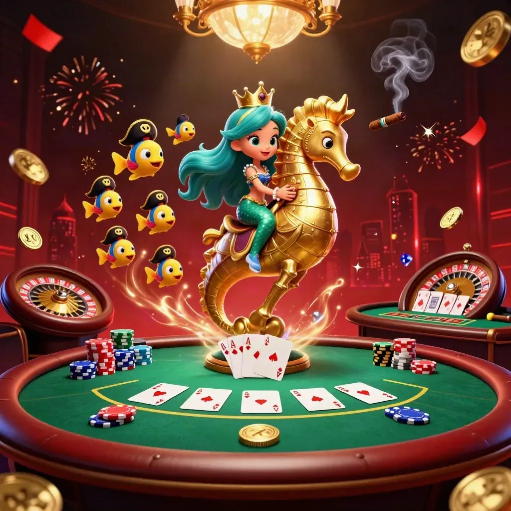 Mermaid princess on an armored seahorse amid chips, cards, roulette, sparks, and fireworks