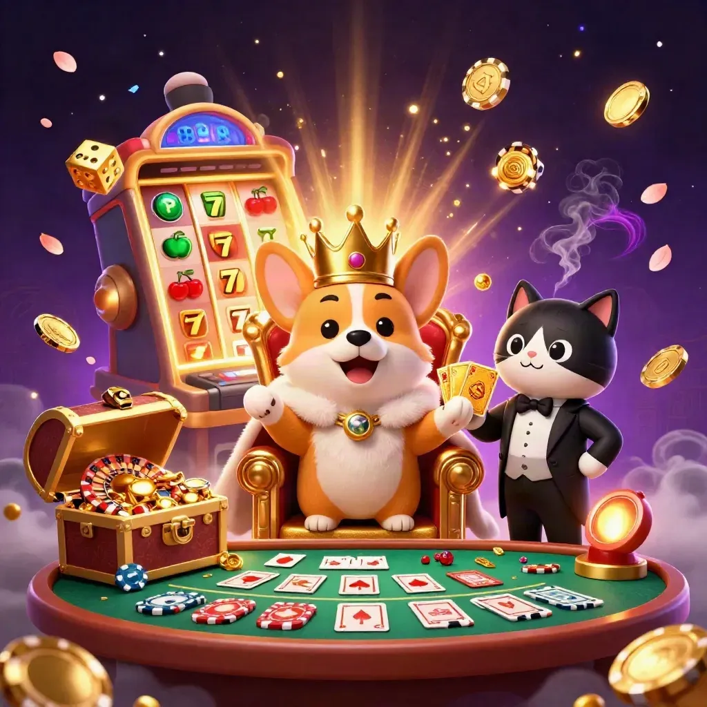 Crowned corgi and cat butler amid slot symbols, glowing dice, and casino luxury.