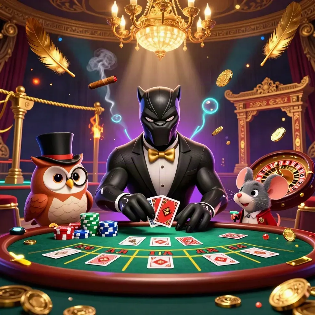 Panther dealer, owl, and mouse in a lavish casino room with glowing effects and gold accents