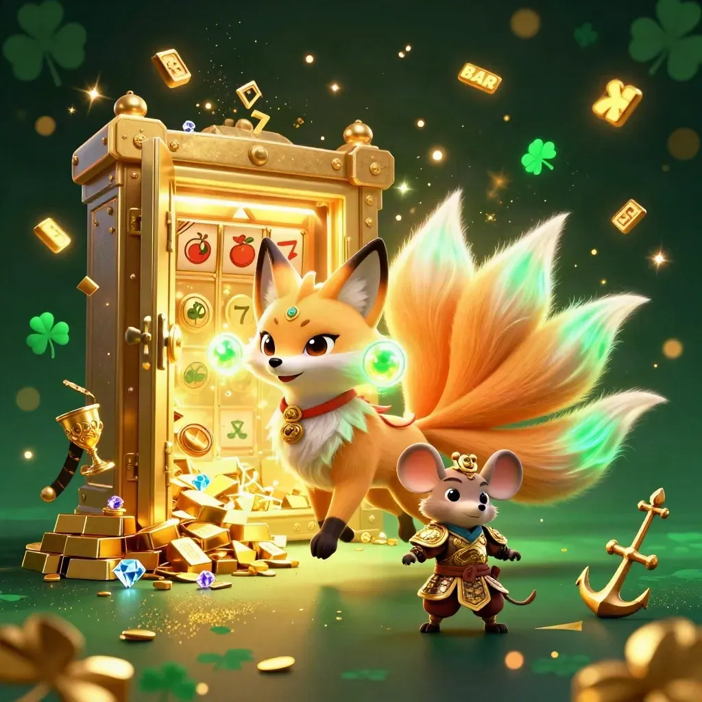 Nine-tailed fox spirit and samurai mouse amid a golden vault burst, gems, reels, and emerald casino glow.