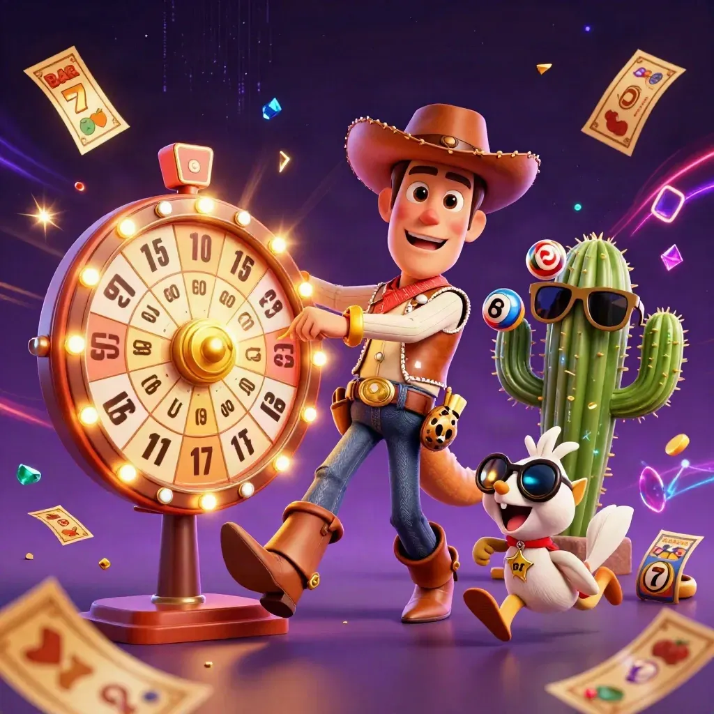 Cowboy T-Rex, sunglassed cactus, and sheriff roadrunner amid casino bursts and neon gold