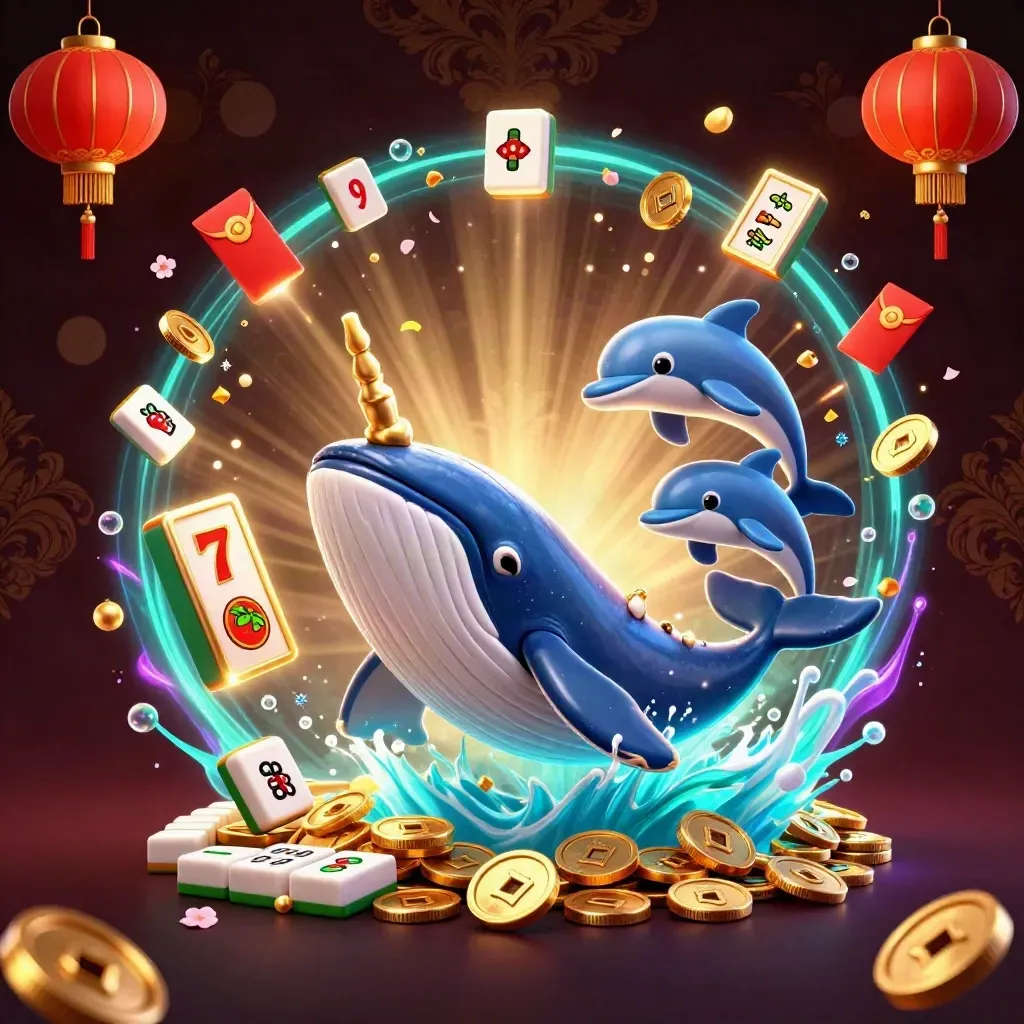 Captain whale and narwhal burst from coins with casino treasures in cyan glow.