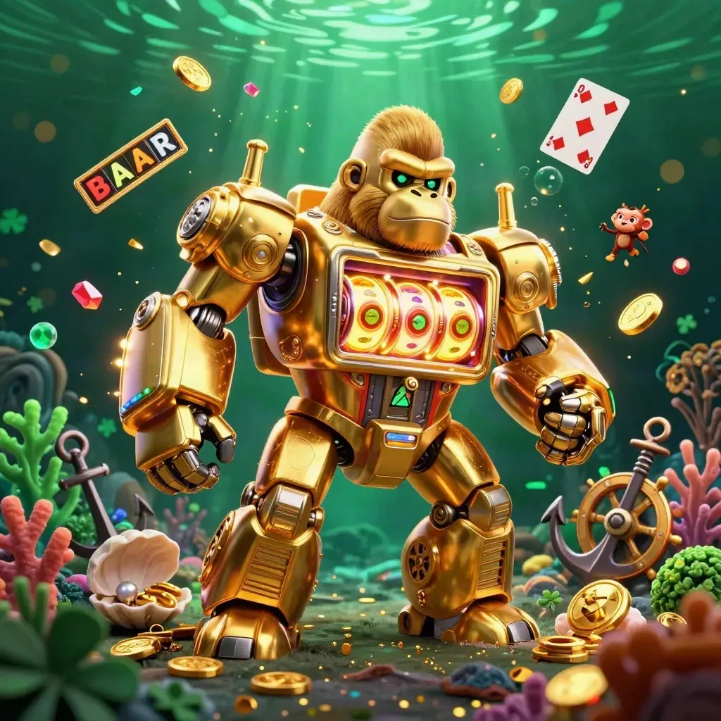 Golden gorilla mech with tiny monkey pilot in an underwater treasure cove, coins and gems bursting.