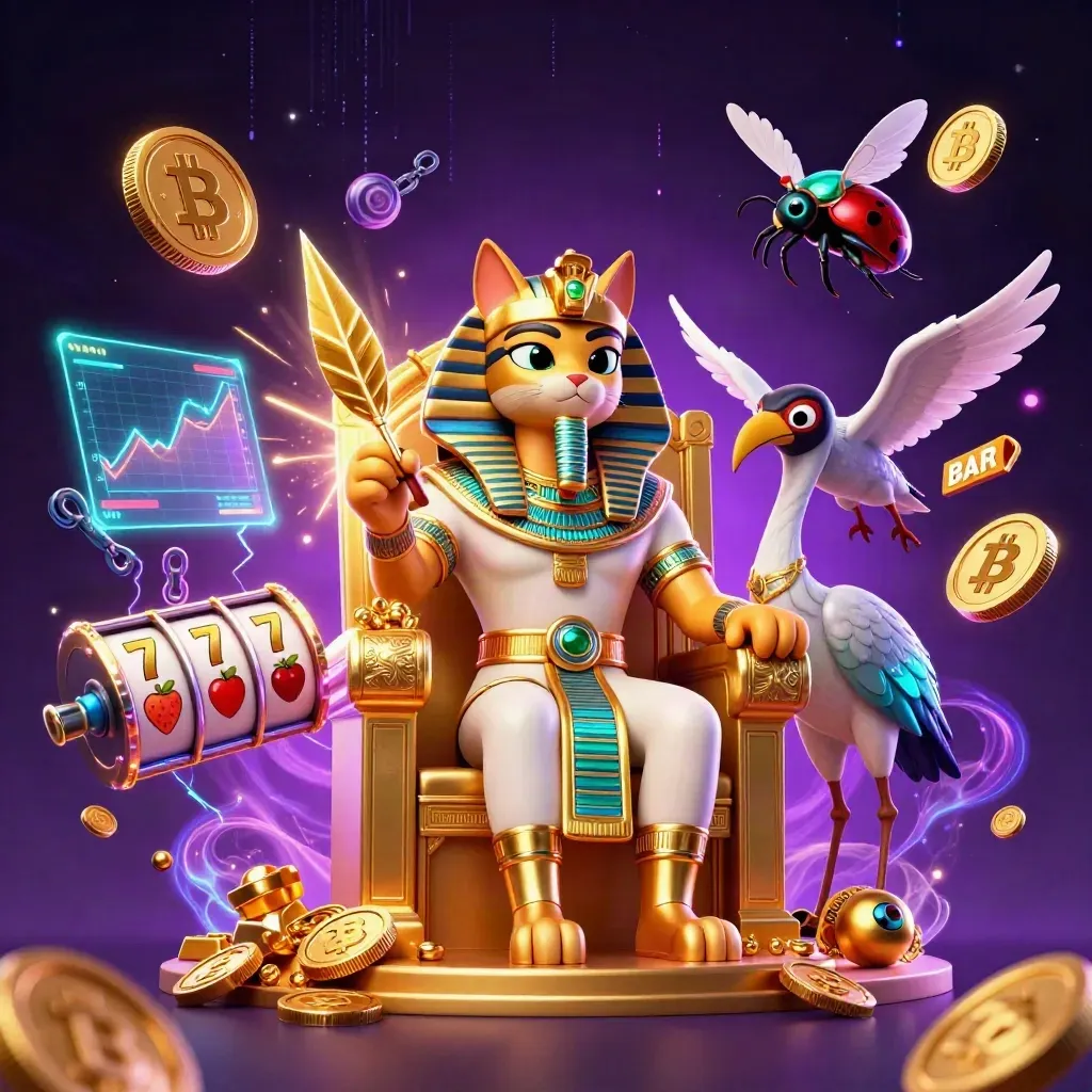 Pharaoh cat, ibis scribe, and gem scarabs amid neon coins and casino magic.