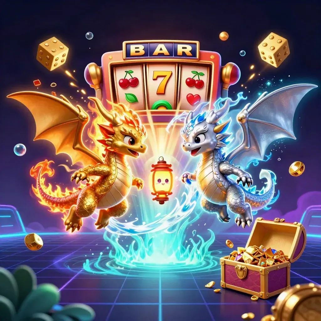 Gold and silver dragons spiral around a tiny lantern spirit as slots, dice, and treasure burst in neon glow.