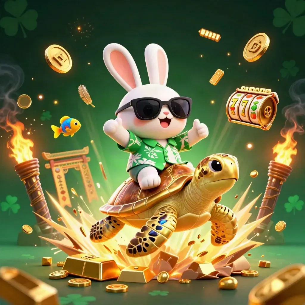 Lucky rabbit on a golden sea turtle amid coins, reels, fireworks, and emerald casino glow.