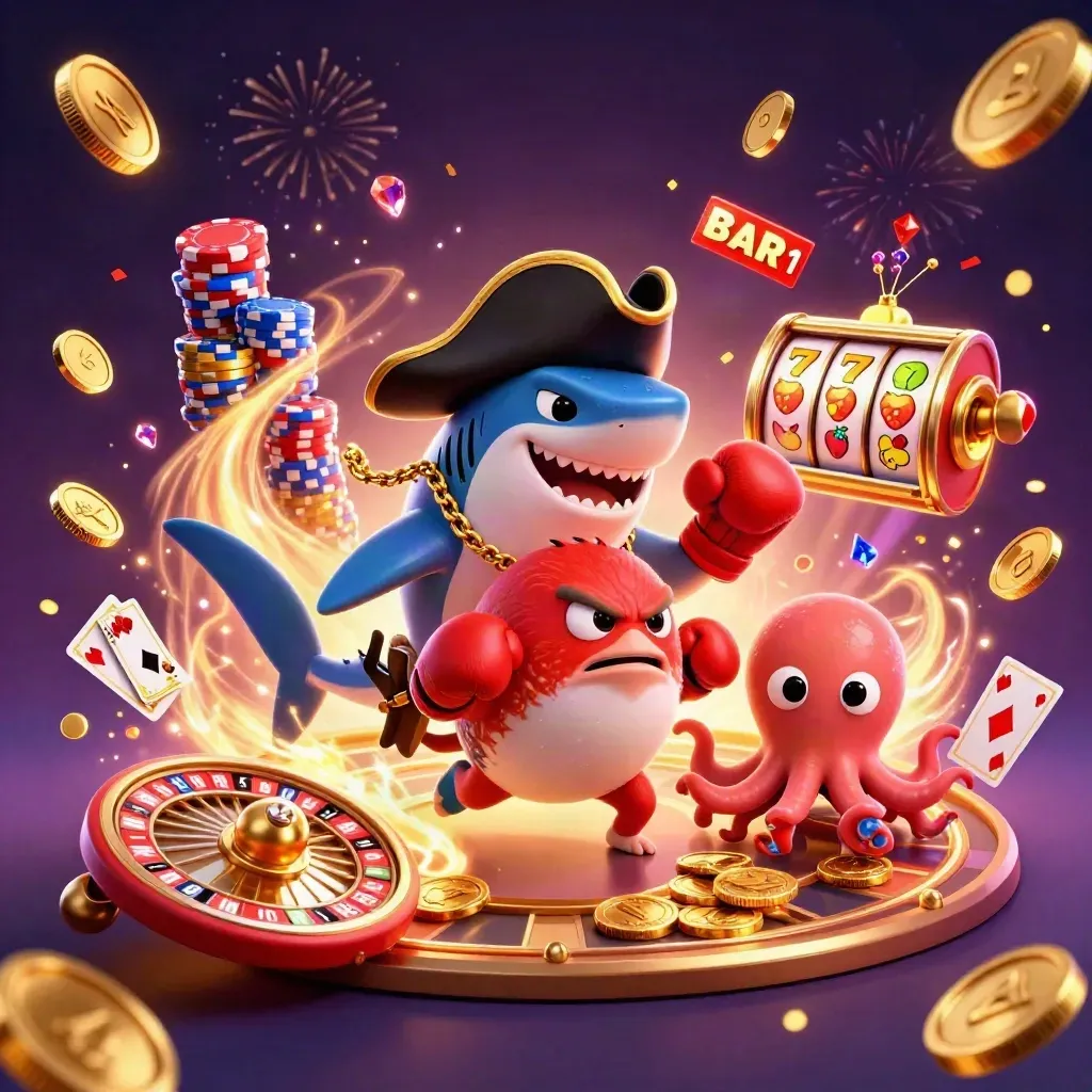 Pirate shark, boxing pufferfish, and juggling octopus amid coins, roulette, chips, and fireworks.