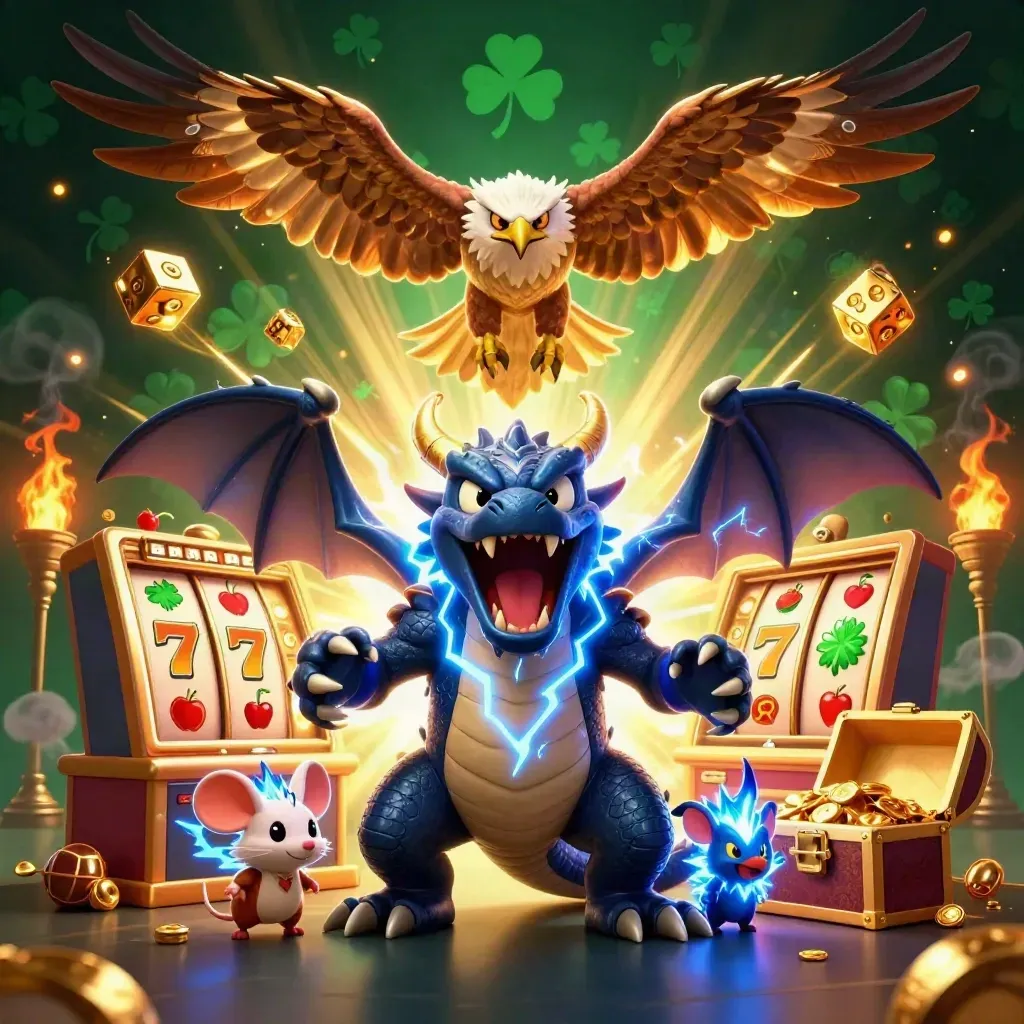 Thunder dragon, hawk, and mouse burst from a slot machine amid gold lightning.
