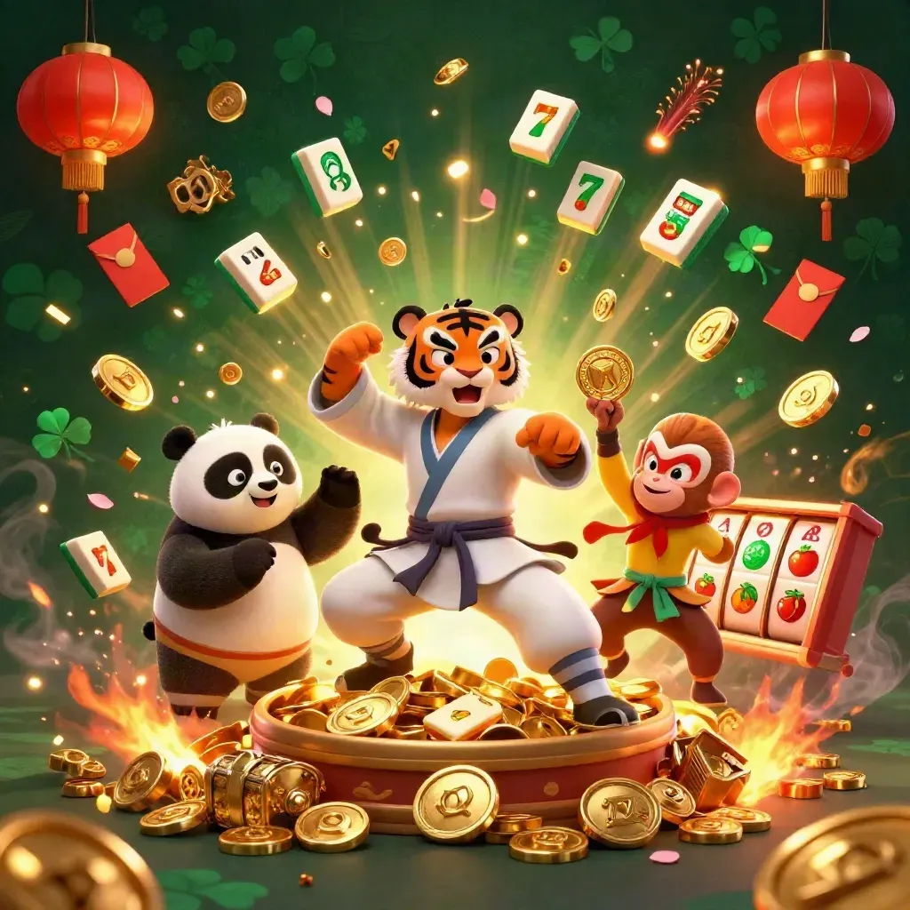 Tiger, panda, and monkey amid vault gold, lanterns, fireworks, mahjong tiles, and slot symbols.