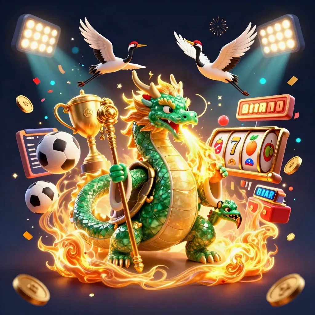 Emerald dragon, turtle sage, and cranes amid casino coins, fireworks, sports balls, and slot symbols.
