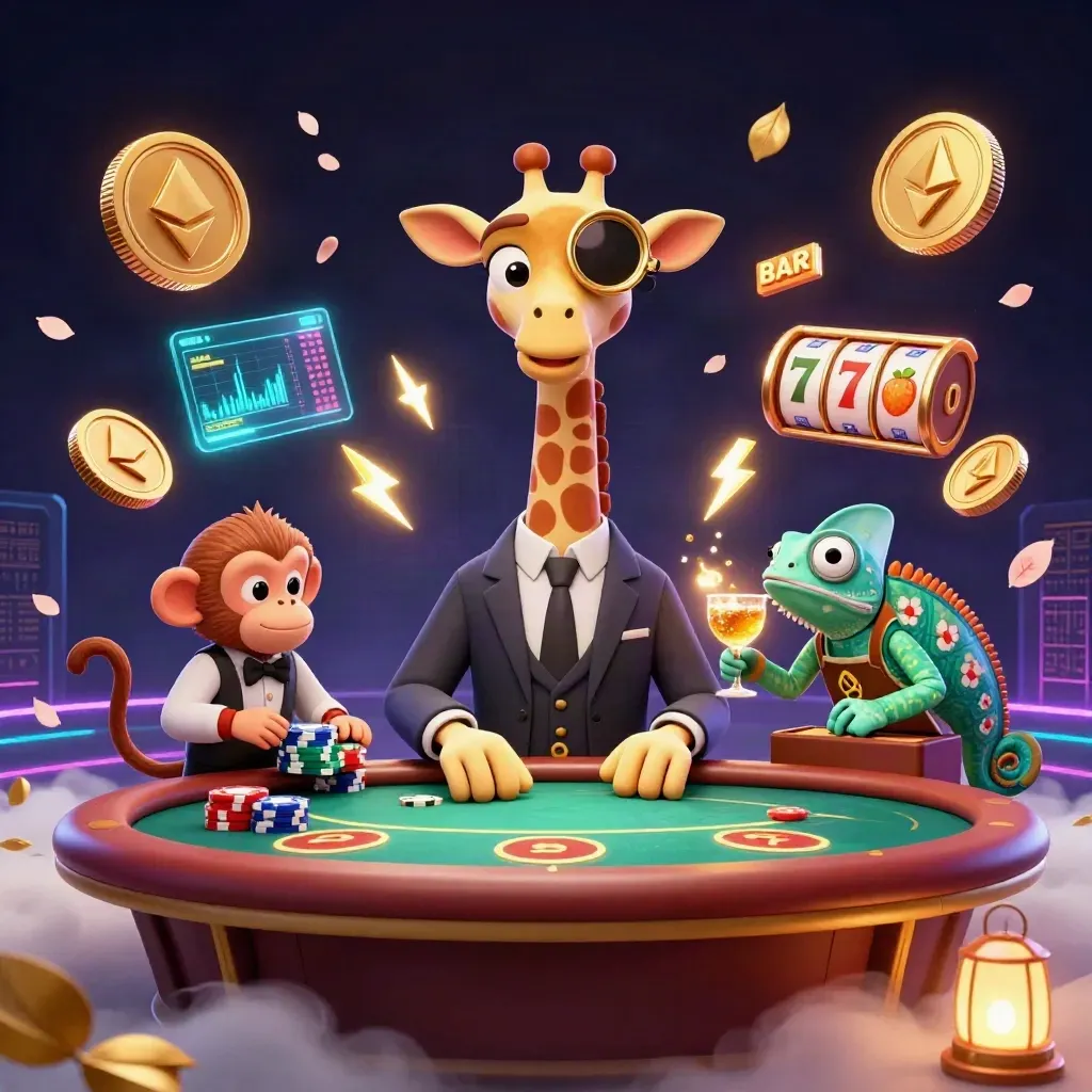 High-roller giraffe, monkey valet, and chameleon bartender amid casino icons and neon gold effects.