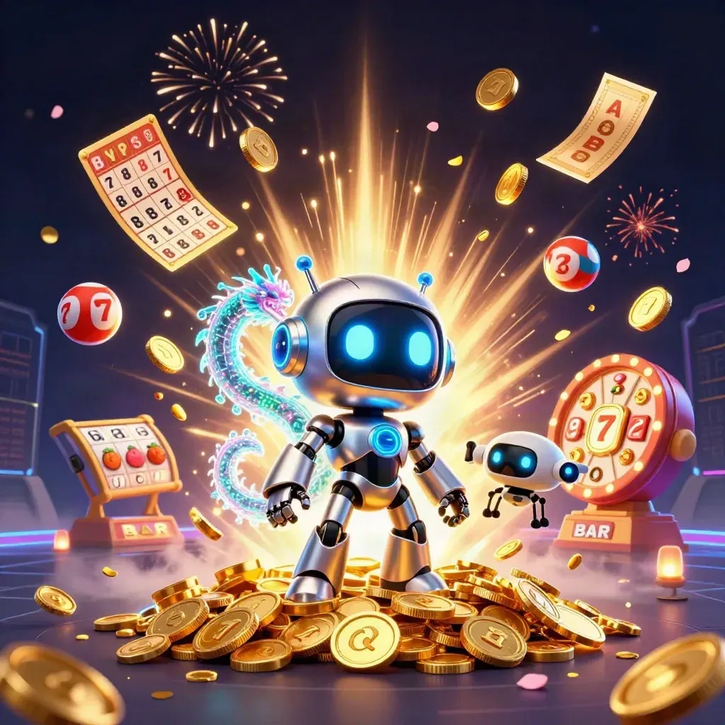 Robot, hologram dragon and coin drone amid coins, reels, bingo, fireworks on a dark casino grid.