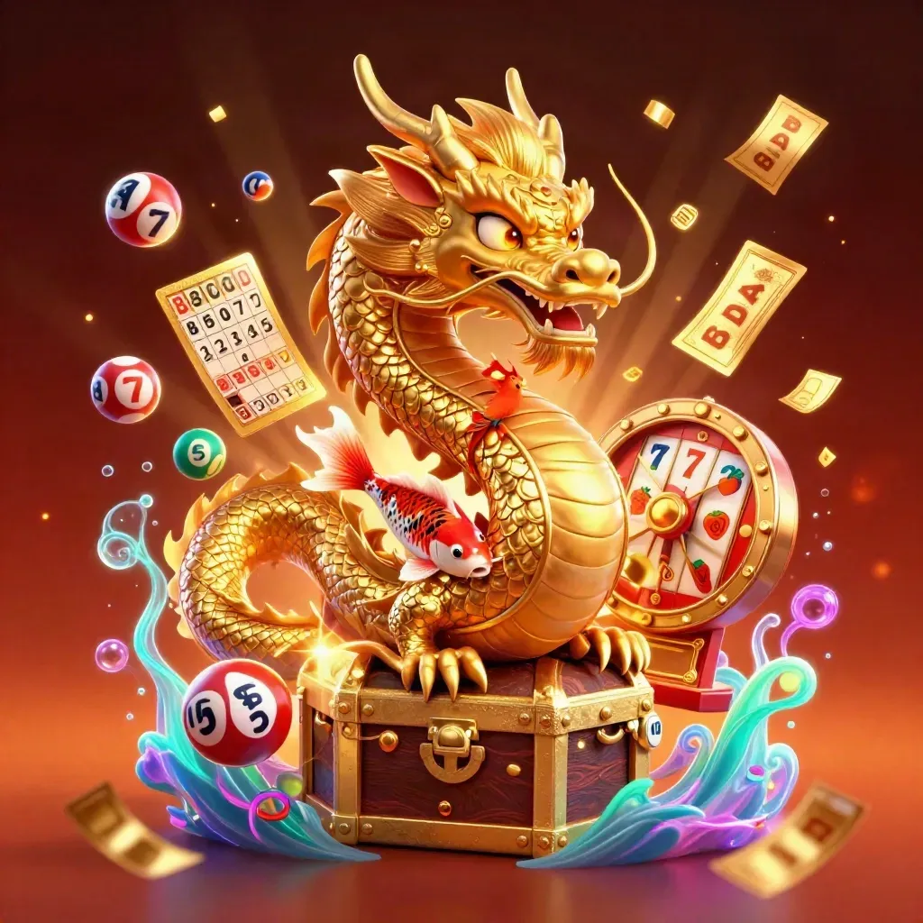 Golden dragon, phoenix, koi and casino bursts around a treasure chest in neon glow.
