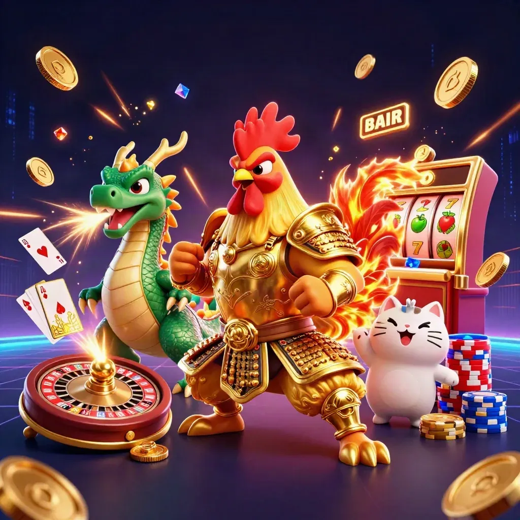 Rooster warrior, spark-breathing dragon hatchling, and fortune-cat amid casino coins and neon reels