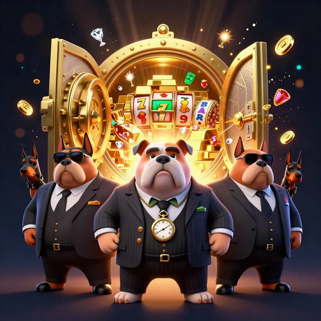 Cartoon bulldog boss with two Dobermans amid vault gold, gems, reels and neon casino glow.
