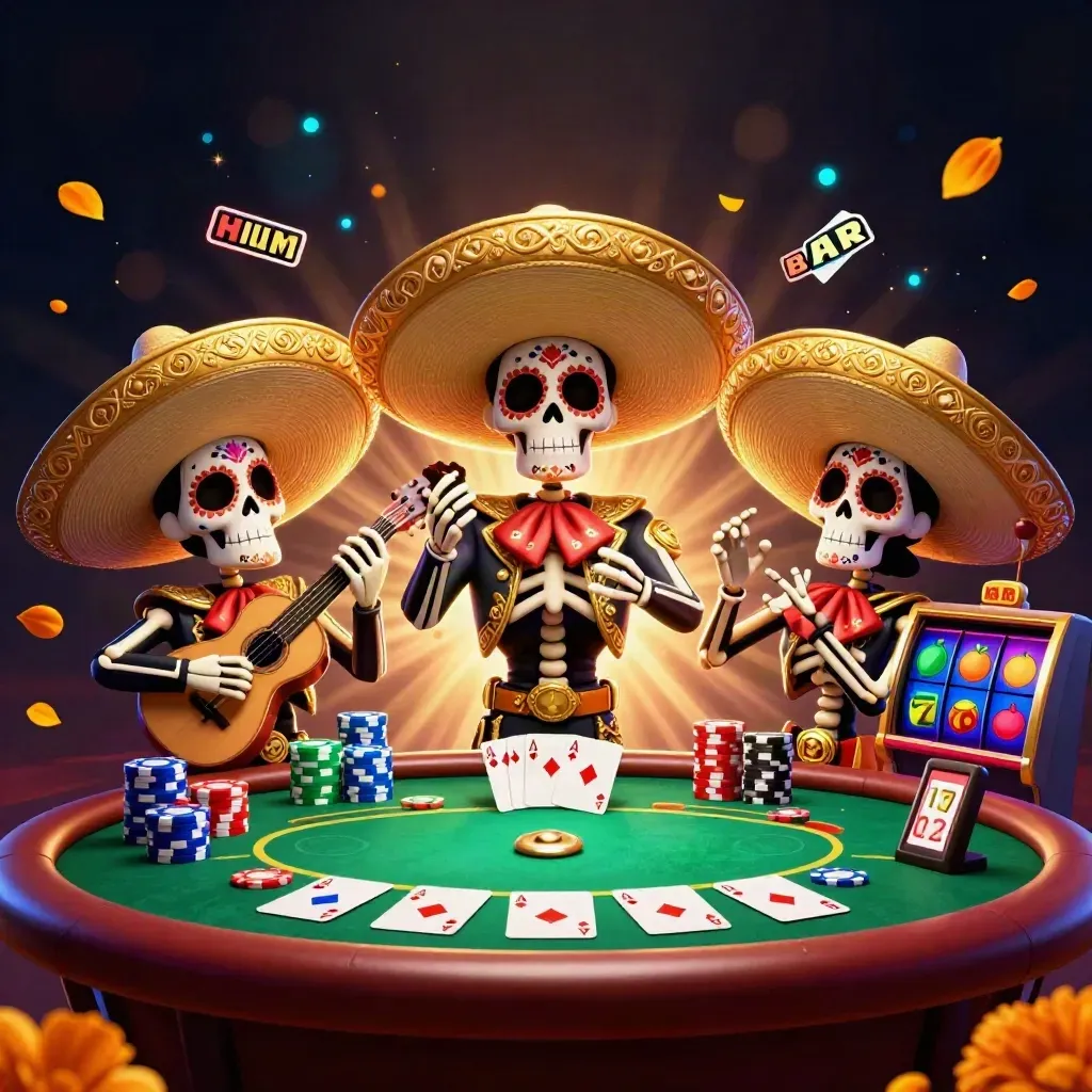 Skeleton mariachi trio amid casino chips, cards, slot reels, and glowing navy-gold effects.