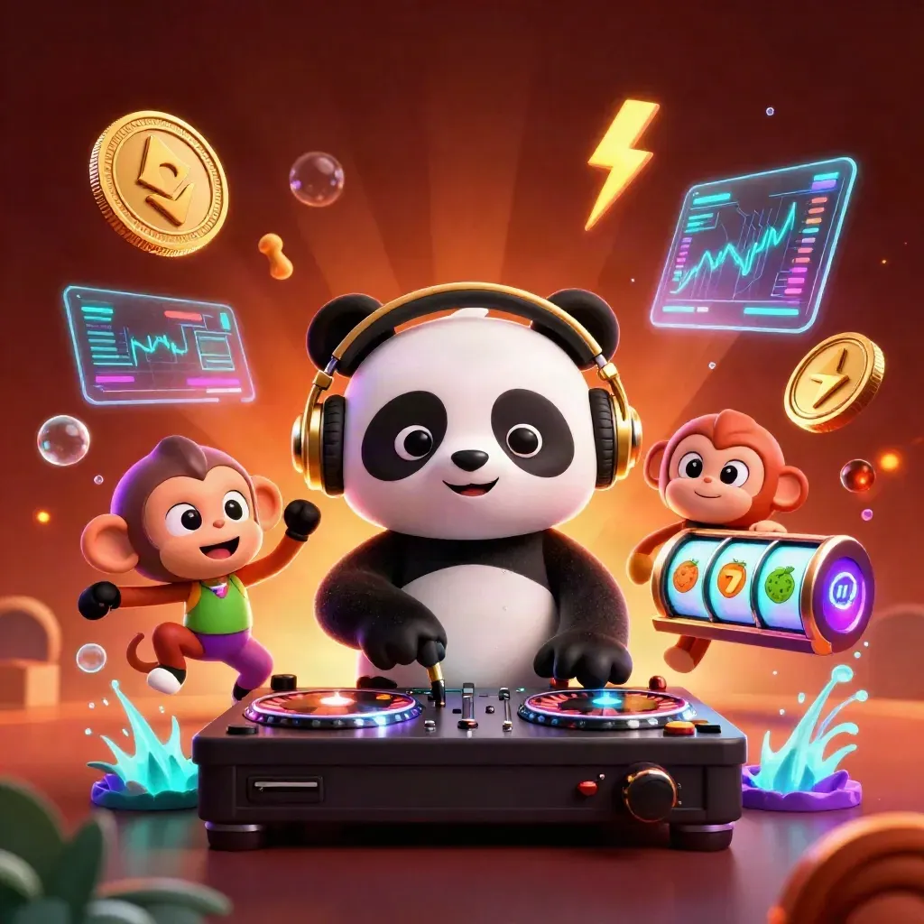 DJ panda, breakdancing monkey, and glow-stick kitten with casino coins and neon effects