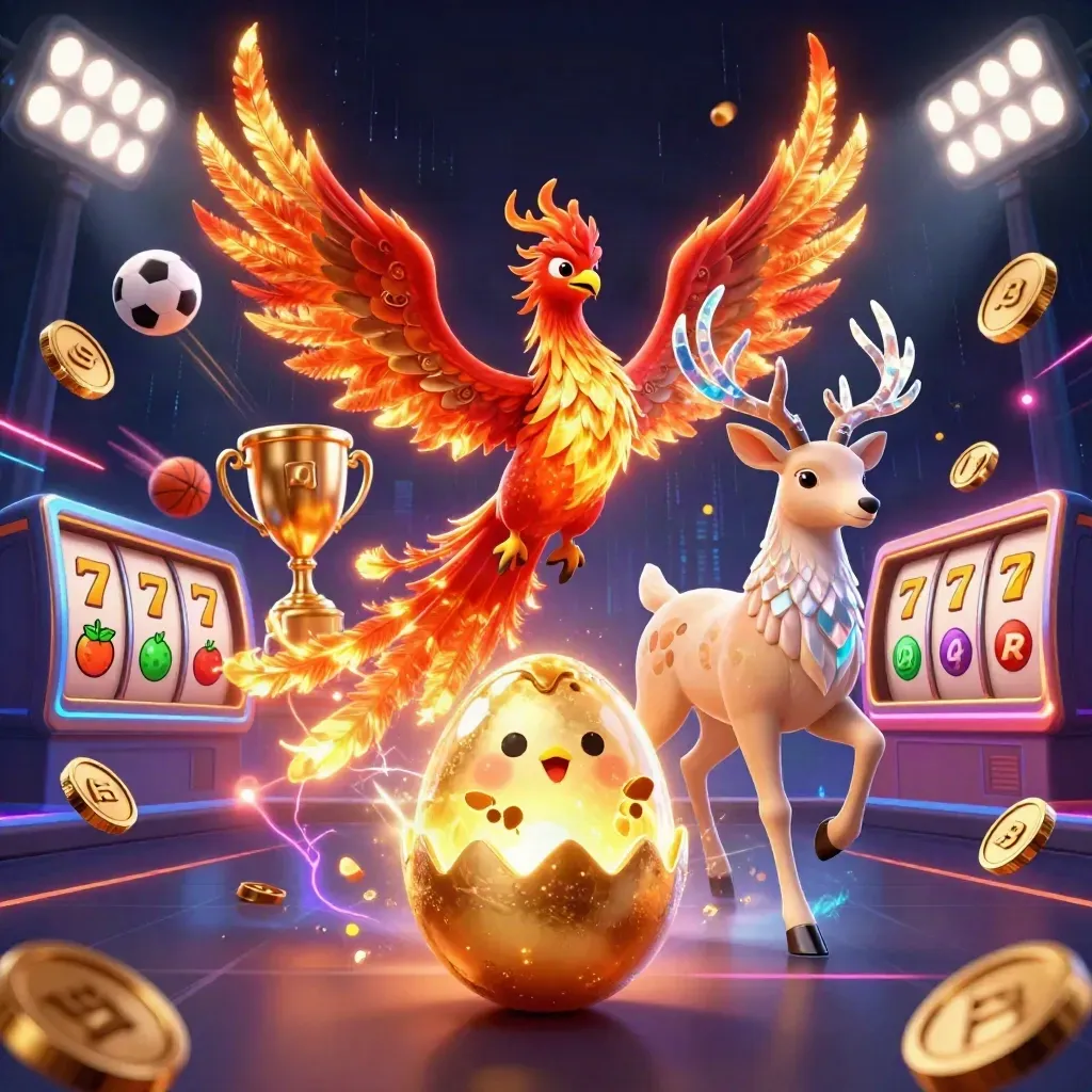 Phoenix, baby phoenix, and crystal stag amid casino effects and gold coins