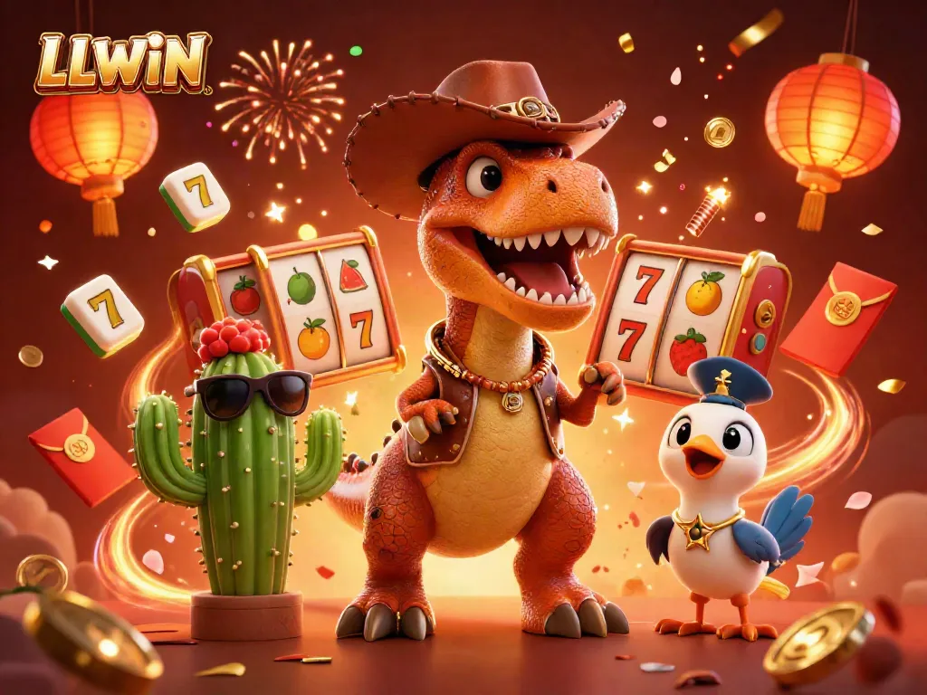 LLWIN showcases a vibrant and exciting casino-themed digital illustration, featuring a T-Rex cowboy among slot reels and festive elements.