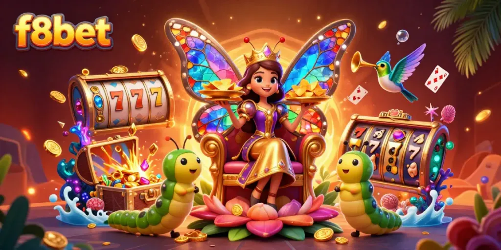 Win big with f8bet's vibrant casino world featuring a butterfly queen, chips, and slot reels.