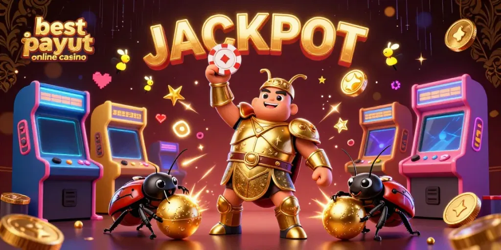 Experience the excitement at the best payout online casino with winning beetles celebrating jackpot victories in a colorful arcade.