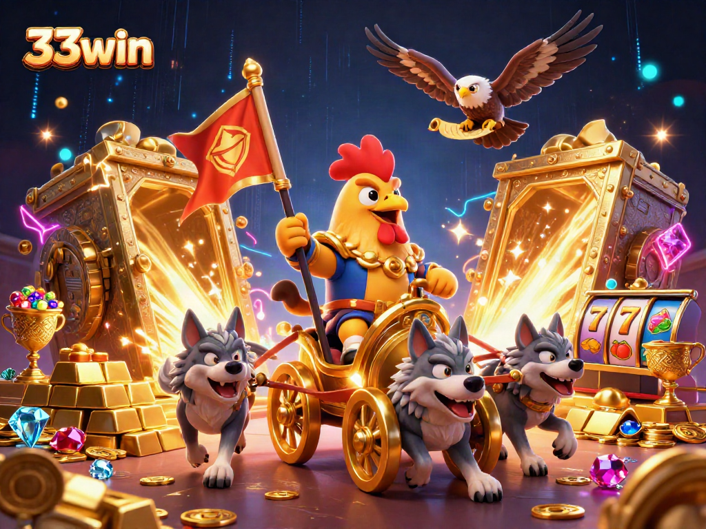 33win showcases a vibrant casino scene with a cartoon rooster warlord, gold treasures, and slot reels.