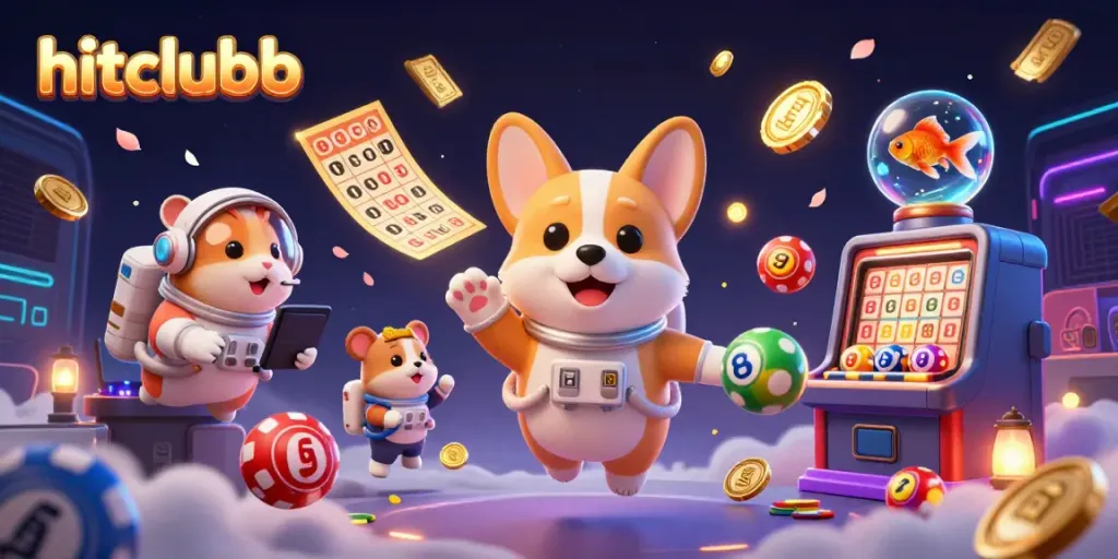 Hitclubb's exciting 3D casino scene with a corgi astronaut and vibrant gaming elements