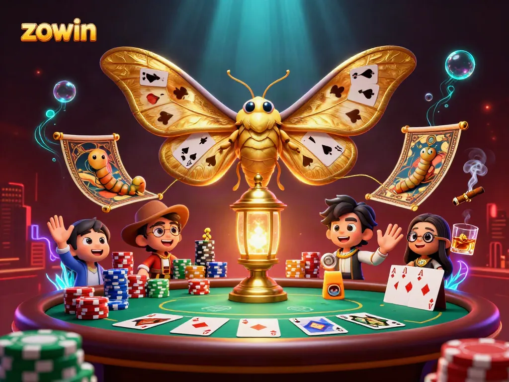 Zowin captivates players with a stunning casino scene featuring a golden atlas moth, vibrant poker elements, and thrilling gameplay.