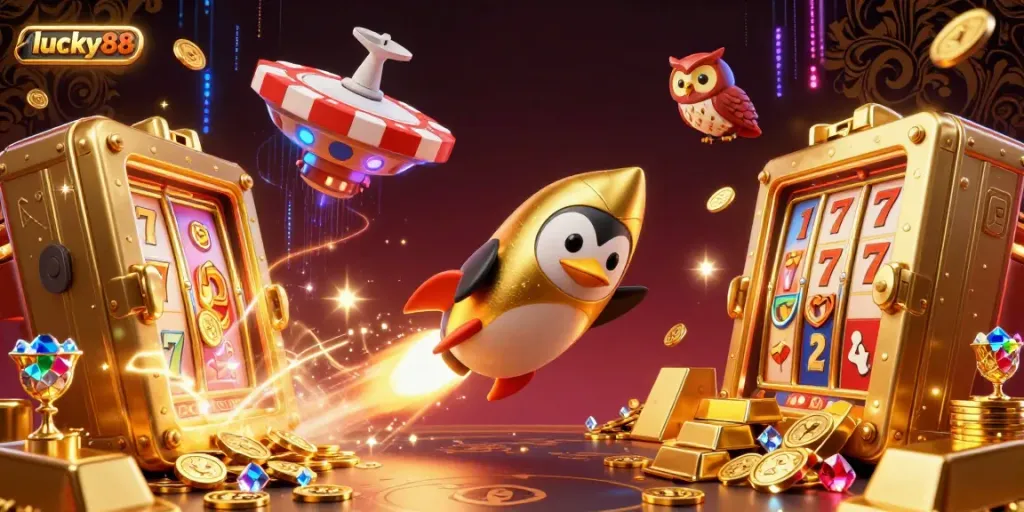 Experience thrilling action with lucky88's dynamic golden penguin blasting through a treasure-filled casino space.