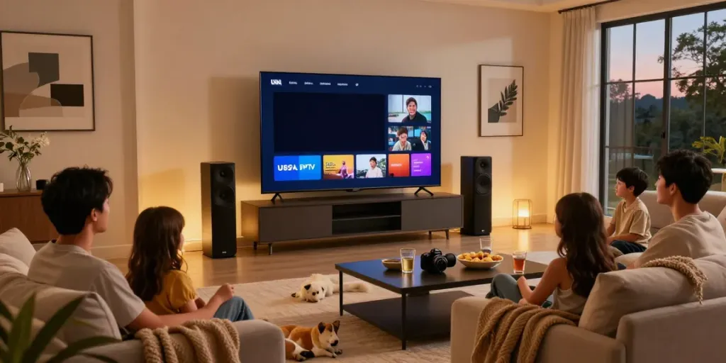 Family enjoying a cozy evening while exploring USA IPTV options on a modern home entertainment setup.