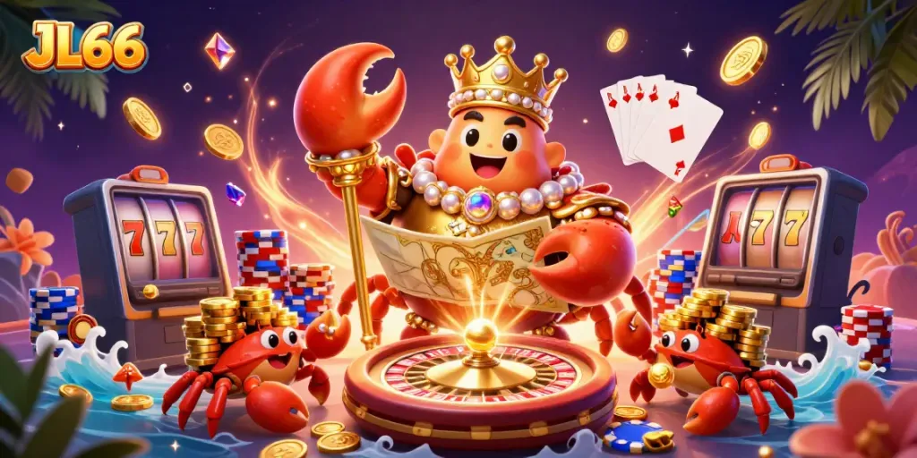 Experience the thrill of JL66 with a golden crab emperor amidst vibrant casino elements and treasures.