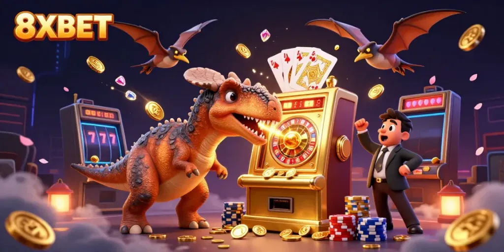 Experience thrilling jackpots with 8XBET as characters celebrate wins, surrounded by coins and games.