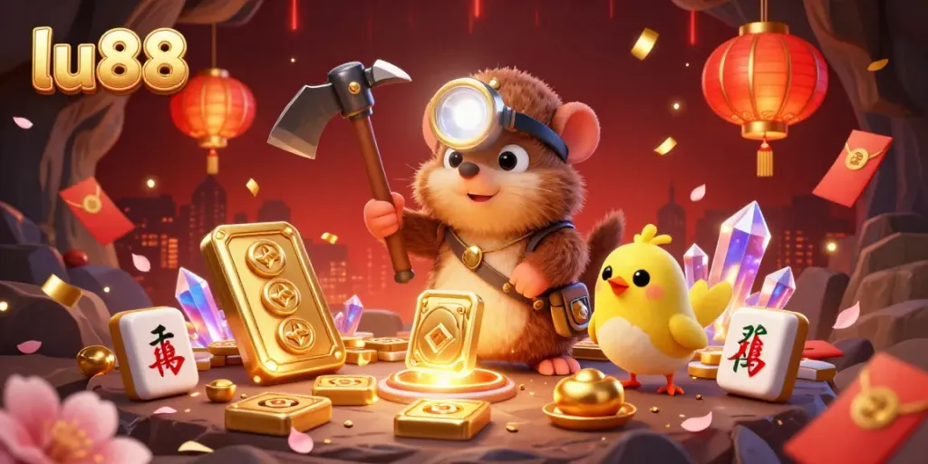 Experience the excitement of lu88 in a vibrant casino-themed 3D illustration with treasure hunter mole and canary.