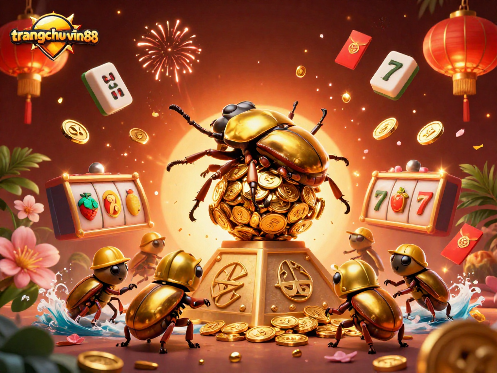 Engage with trangchu-vin88 while enjoying a vibrant 3D casino scene filled with golden symbols.