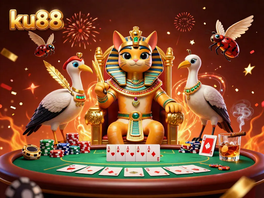 Engage in top-tier gambling at ku88 with a vibrant scene featuring a pharaoh cat, poker elements, and dynamic celebrations.
