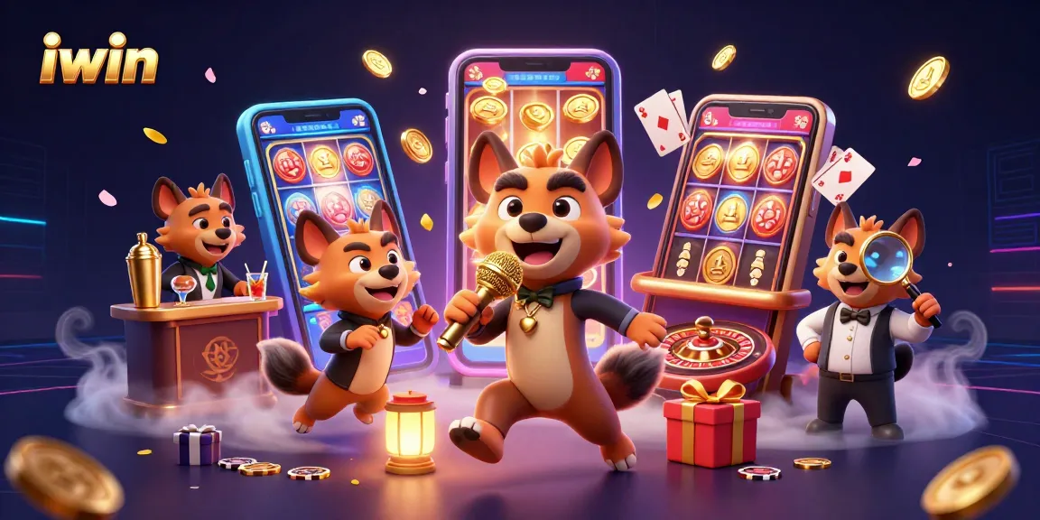 iwin hyenas in a vibrant casino scene enjoying comedy, drinks, and security check-up