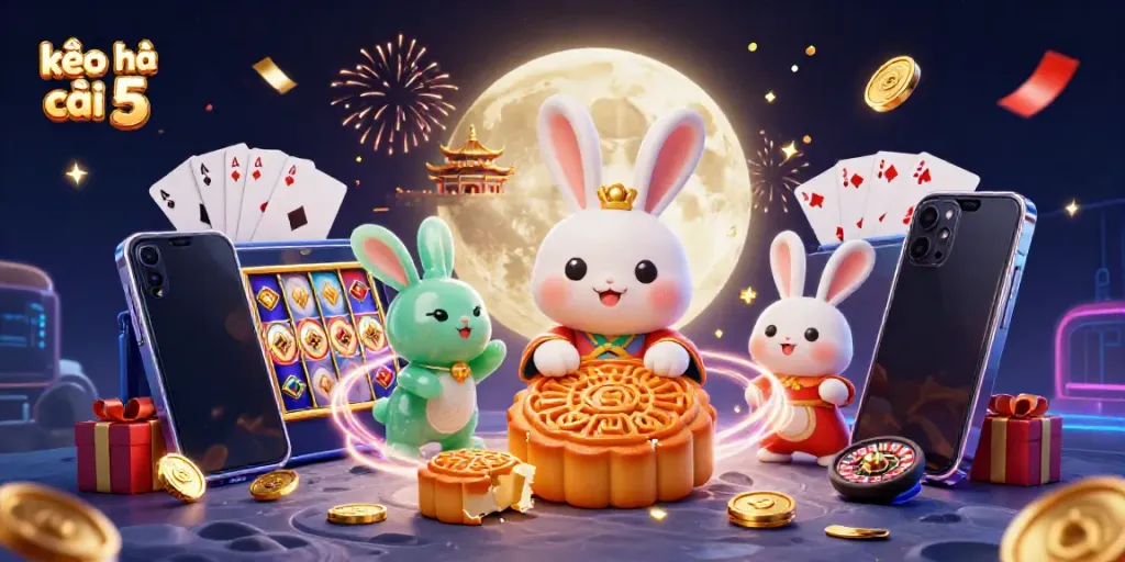 Engage with kèo nhà cái 5 in an exciting scene featuring a moon rabbit and gaming elements.