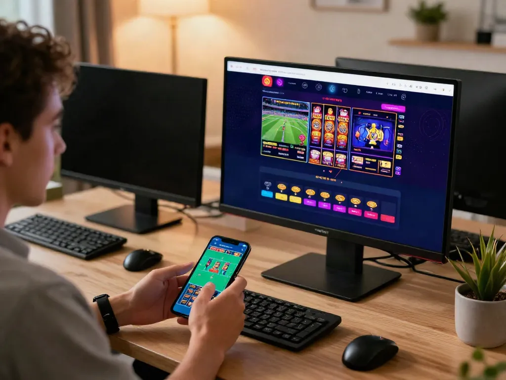 Engaging online gaming experience at https://gem88.jpn.com/ with a player using mobile and computer in a cozy setting.