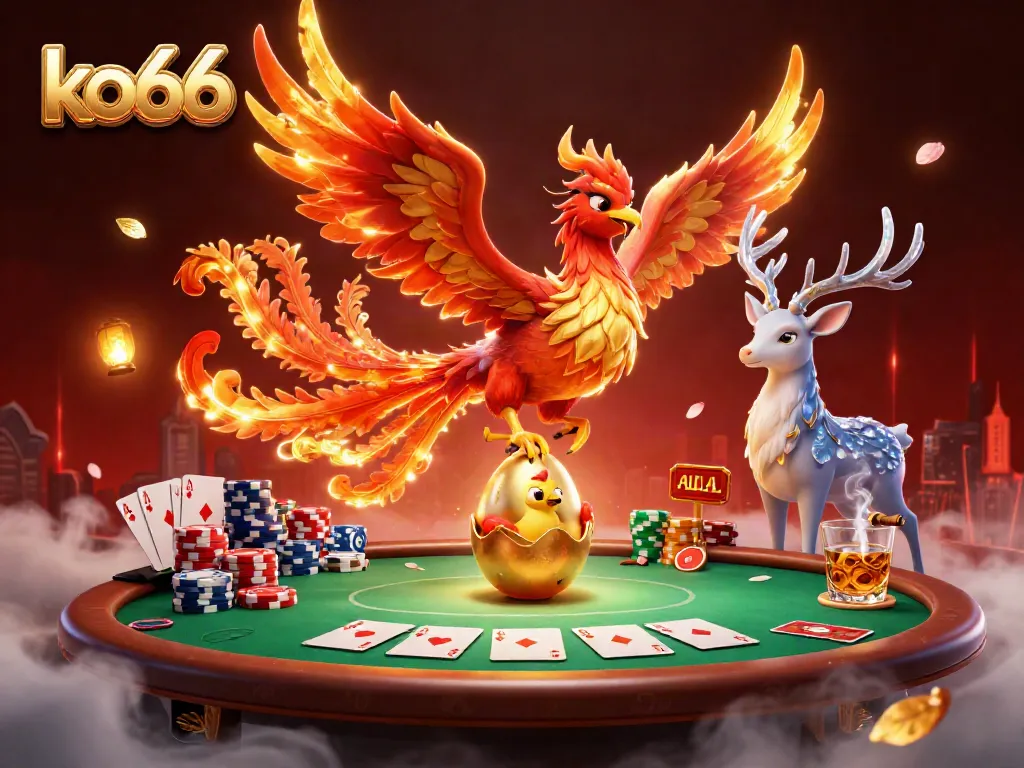 Experience thrilling gaming at ko66 with phoenix and stag among vibrant poker elements.