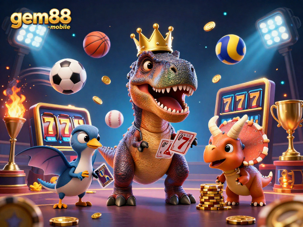 Play exciting games with gem88-mobile featuring a fun T-Rex, pterodactyl assistant, and golden chips.