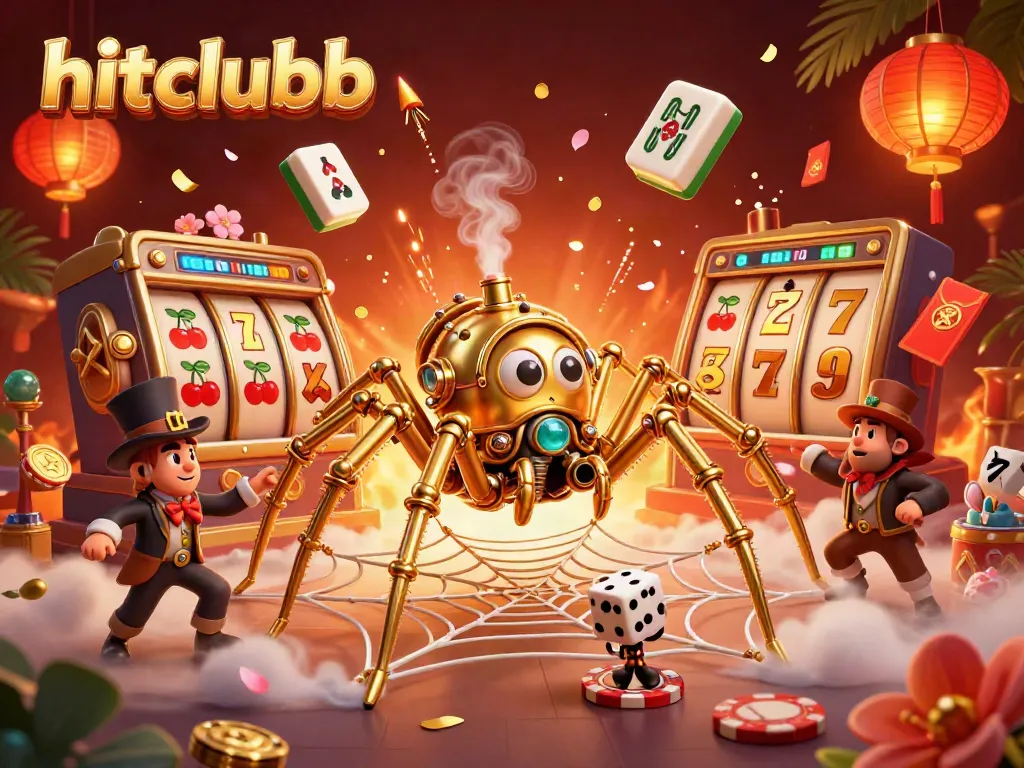 Engage in thrilling gaming at hitclubb with dynamic slot reels, colorful characters, and vibrant casino elements.