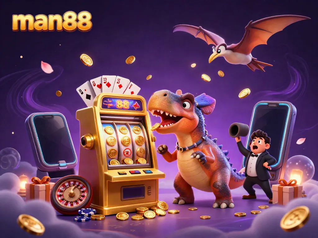 man88 showcases a pachycephalosaurus winning jackpots, while a casino manager frantically manages golden coins