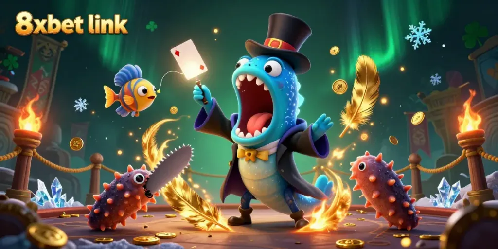 Engage with the vibrant 8xbet link scene featuring unique characters and dynamic casino elements.