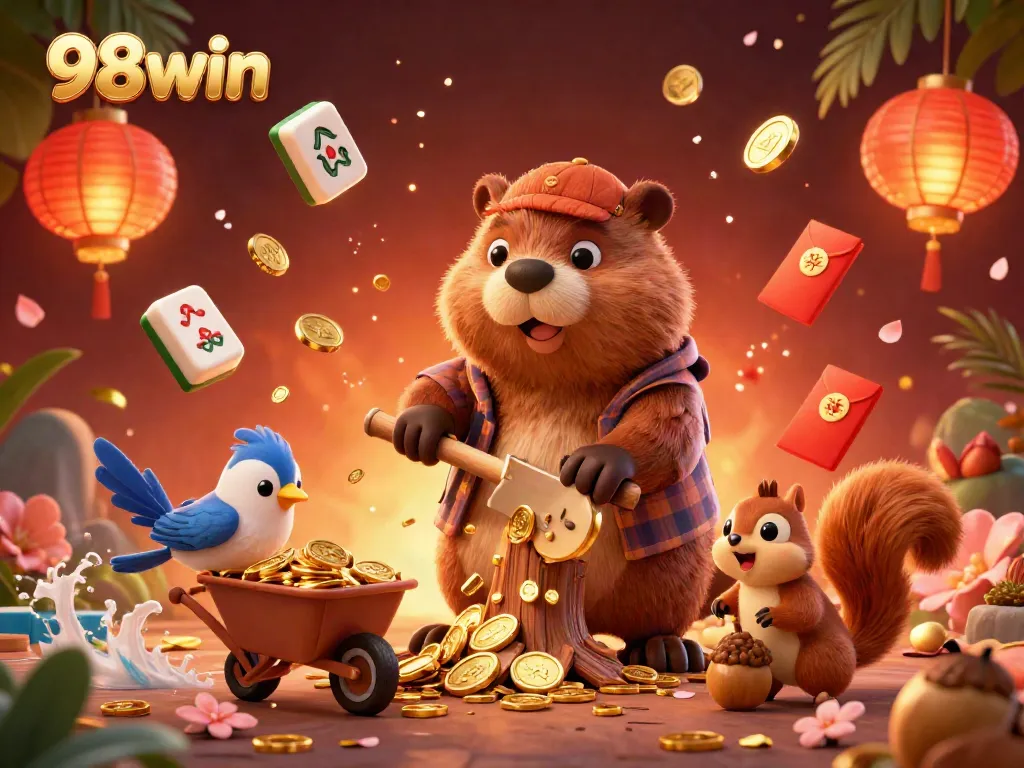 Catch big wins with 98win in a vibrant casino scene filled with gold coins and festive elements.