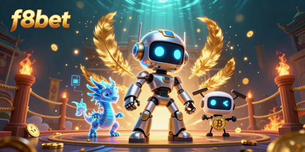 Join the excitement with f8bet's dynamic 3D casino scene featuring a cyberpunk robot mascot.